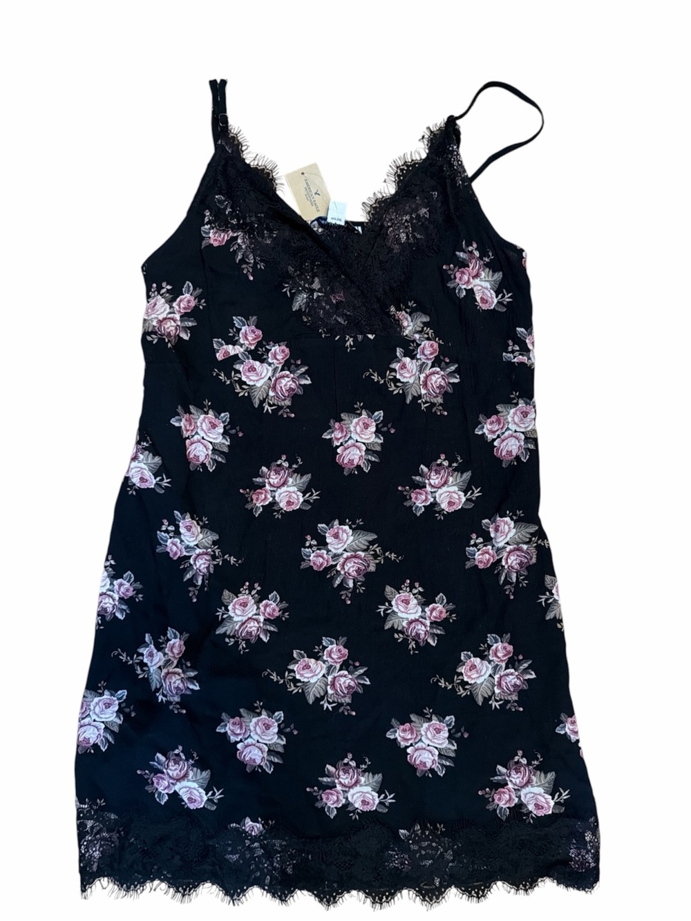 American Eagle Outfitters Black Slip Dress with Pink Rose Print